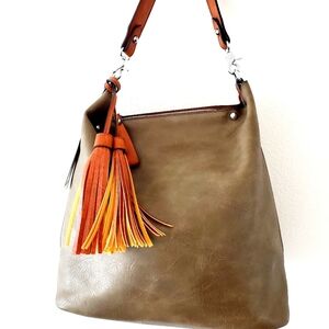 Le Miel Large Leather Army Green Tote /Shoulder Bag